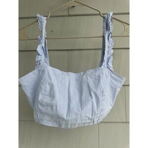 Vicolo Blue & White Seersucker Pattern Ruffle Strap Tie‎ Back Crop Top One Size